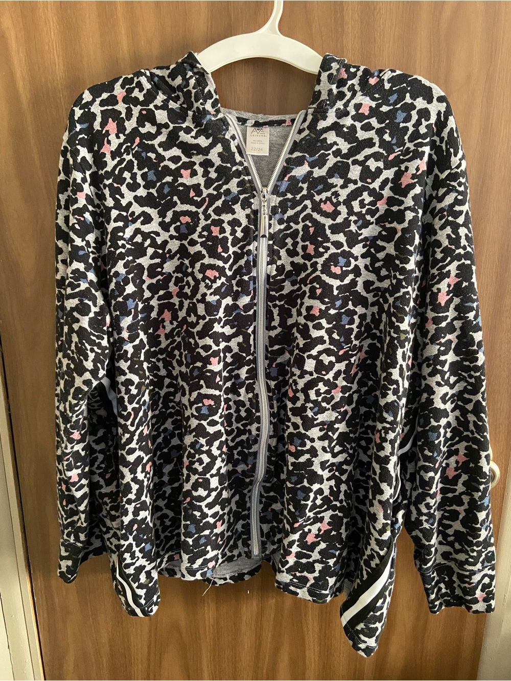 Avenue Black Leopard Print Zip Hoodie with Pink and Blue Accents